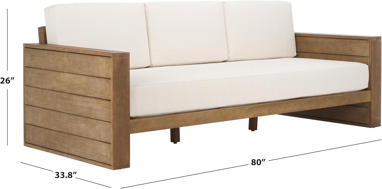image:imageSAFAVIEH Couture Outdoor Patio Furniture Collection Santiago Natural Eucalyptus Patio Sofa with Beige Cushions Modern Seating CPT1051ANaturalBeige