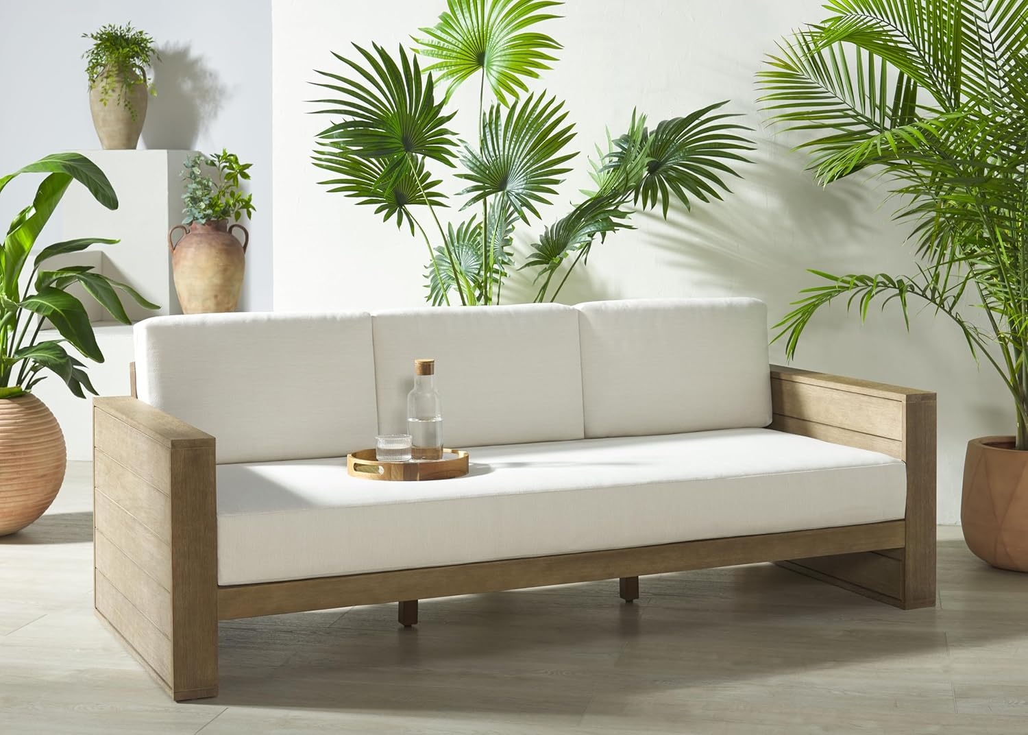 image:imageSAFAVIEH Couture Outdoor Patio Furniture Collection Santiago Natural Eucalyptus Patio Sofa with Beige Cushions Modern Seating CPT1051ANaturalBeige