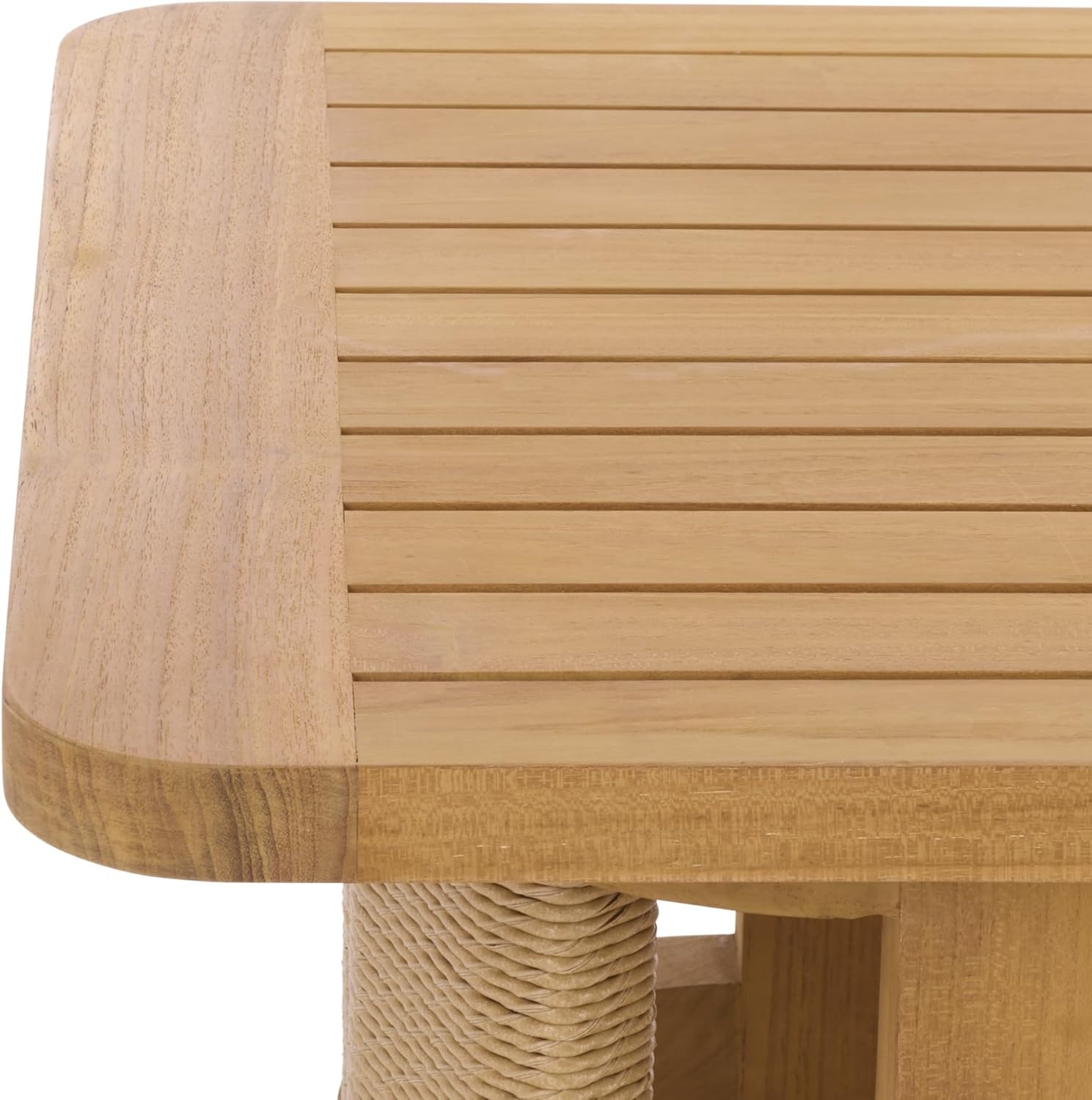 image:imageSAFAVIEH Couture Outdoor Patio Furniture Collection Skipper Teak Solid Wood Slatted Rectangular Coffee Table Modern WovenDetail Base Design CPT2009Natural