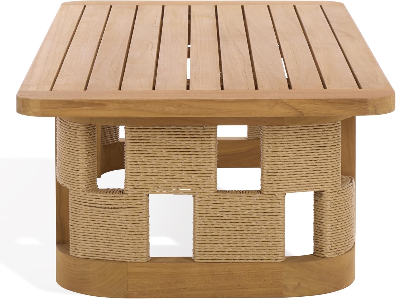 image:imageSAFAVIEH Couture Outdoor Patio Furniture Collection Skipper Teak Solid Wood Slatted Rectangular Coffee Table Modern WovenDetail Base Design CPT2009Natural
