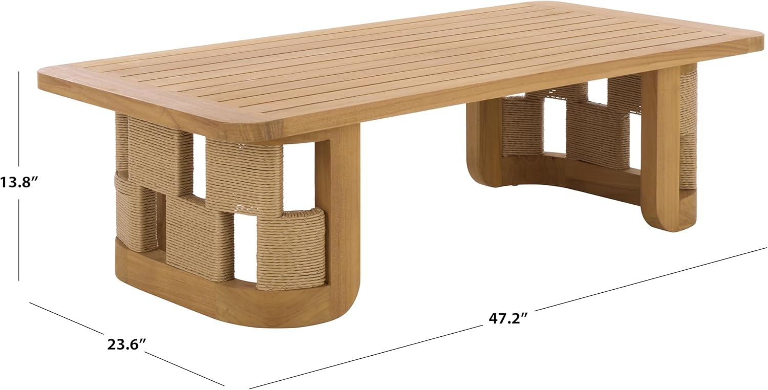 image:imageSAFAVIEH Couture Outdoor Patio Furniture Collection Skipper Teak Solid Wood Slatted Rectangular Coffee Table Modern WovenDetail Base Design CPT2009Natural