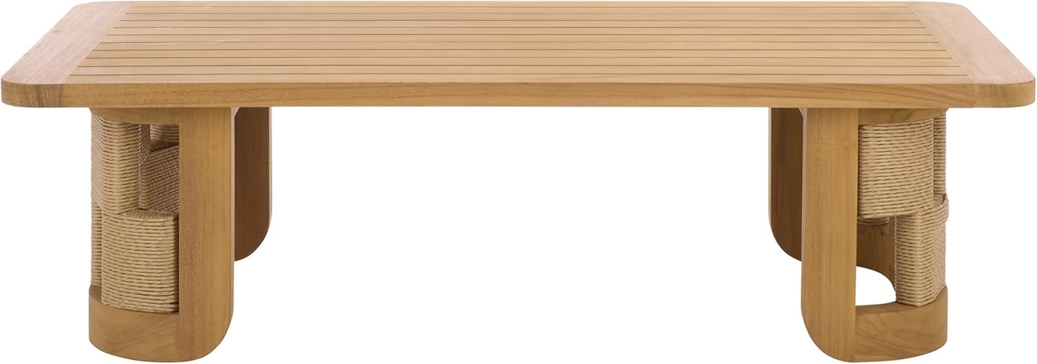 image:imageSAFAVIEH Couture Outdoor Patio Furniture Collection Skipper Teak Solid Wood Slatted Rectangular Coffee Table Modern WovenDetail Base Design CPT2009Natural