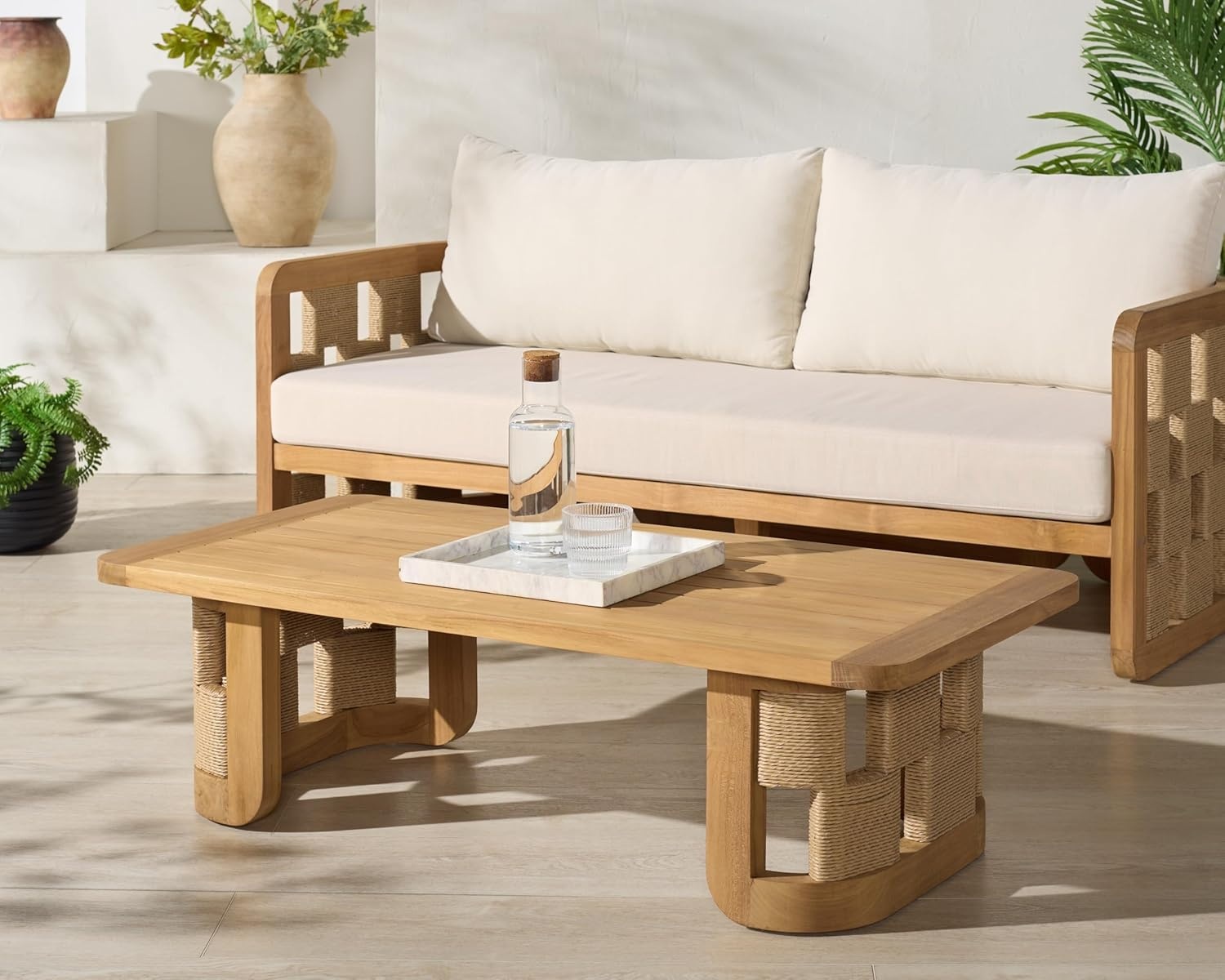 image:imageSAFAVIEH Couture Outdoor Patio Furniture Collection Skipper Teak Solid Wood Slatted Rectangular Coffee Table Modern WovenDetail Base Design CPT2009Natural
