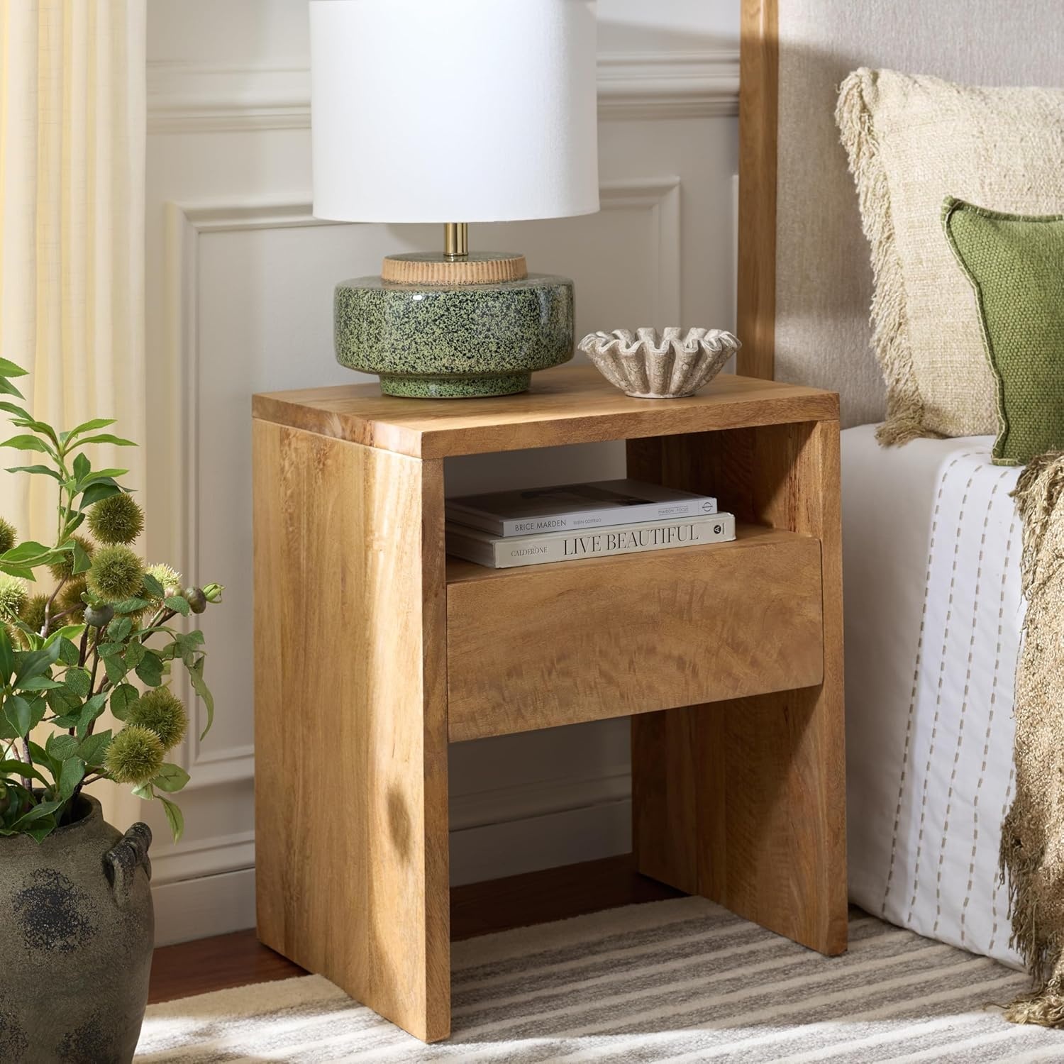 image:imageSAFAVIEH Home Collection Alonzo Light Mango Wood Nightstand with 1 Shelf amp 1 Drawer Fully Assembled NST6500ALight Mango Wood