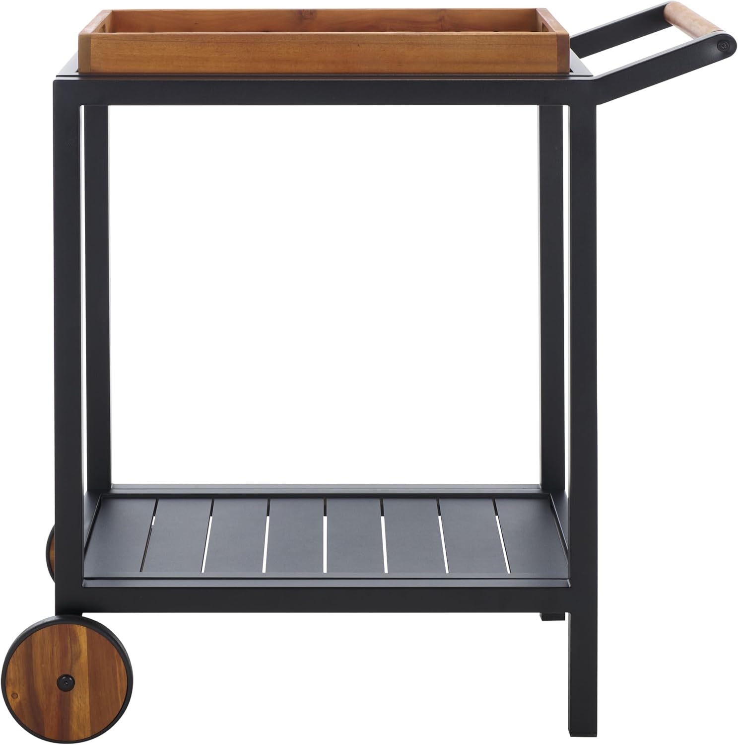image:imageSAFAVIEH Outdoor Couture Patio Furniture Tonga Black Aluminum amp Natural Brown Solid Wood Removable Tray Top Bar CartBlackNatural
