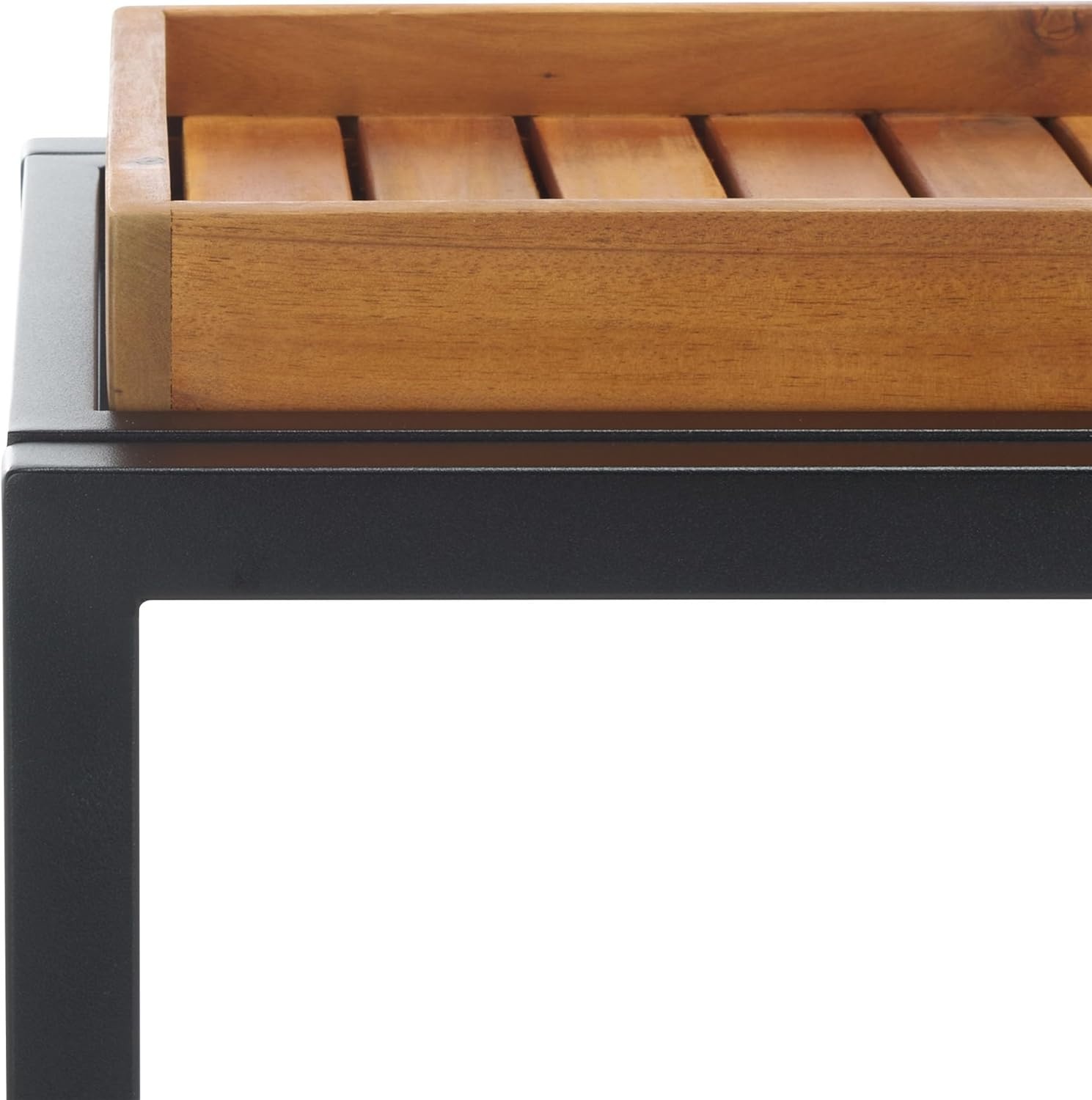 image:imageSAFAVIEH Outdoor Couture Patio Furniture Tonga Black Aluminum amp Natural Brown Solid Wood Removable Tray Top Bar CartBlackNatural