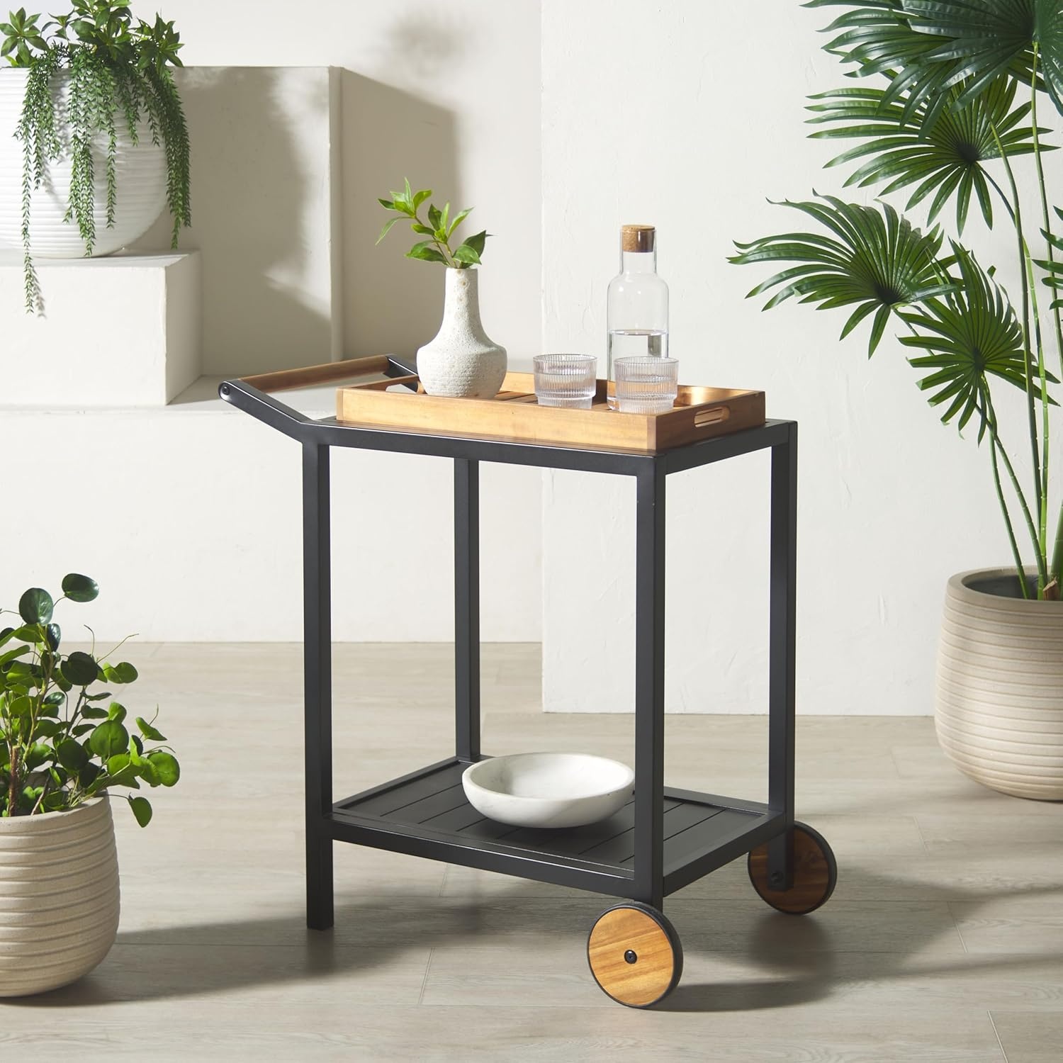 image:imageSAFAVIEH Outdoor Couture Patio Furniture Tonga Black Aluminum amp Natural Brown Solid Wood Removable Tray Top Bar CartBlackNatural