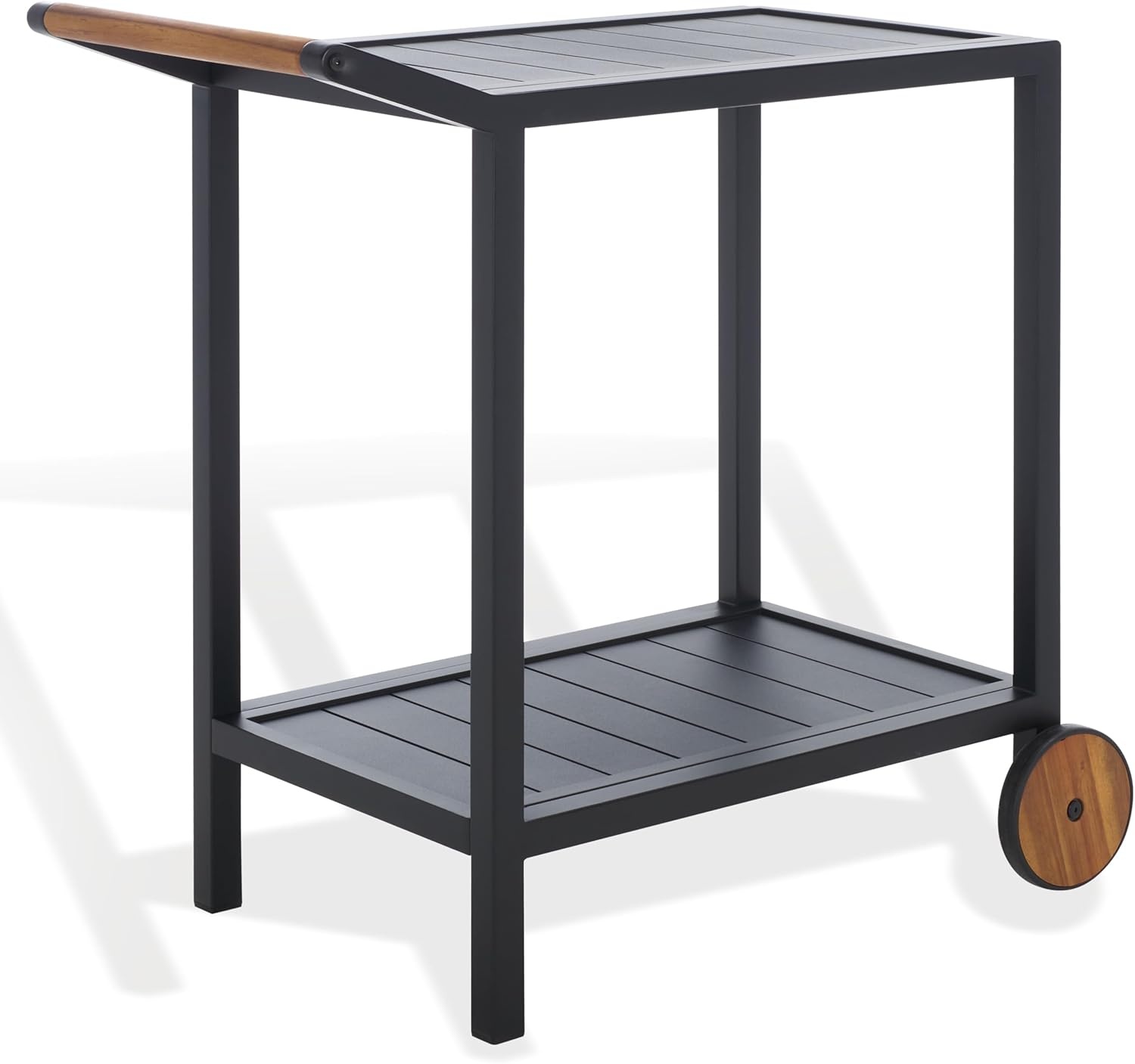 image:imageSAFAVIEH Outdoor Couture Patio Furniture Tonga Black Aluminum amp Natural Brown Solid Wood Removable Tray Top Bar CartBlackNatural