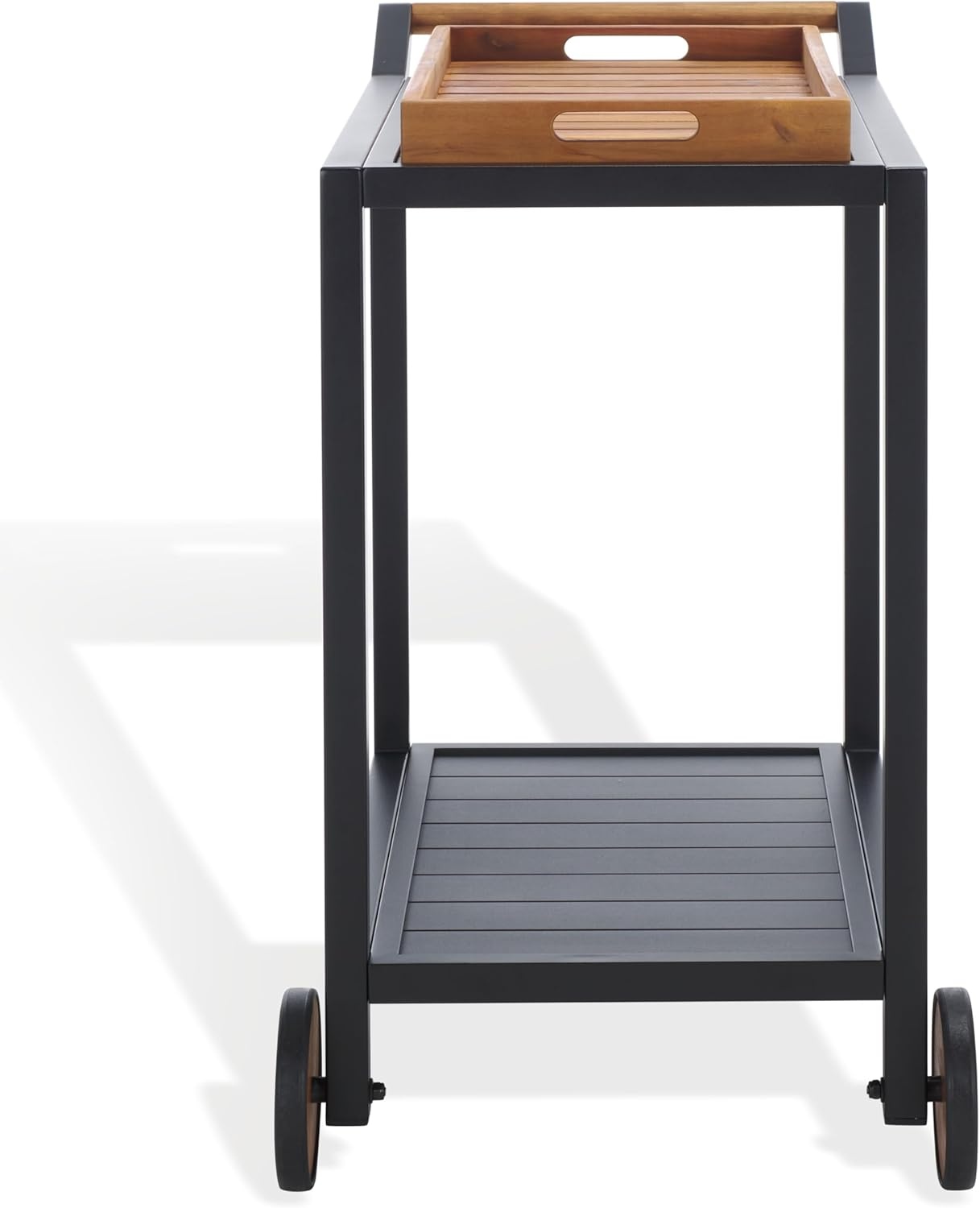 image:imageSAFAVIEH Outdoor Couture Patio Furniture Tonga Black Aluminum amp Natural Brown Solid Wood Removable Tray Top Bar CartBlackNatural