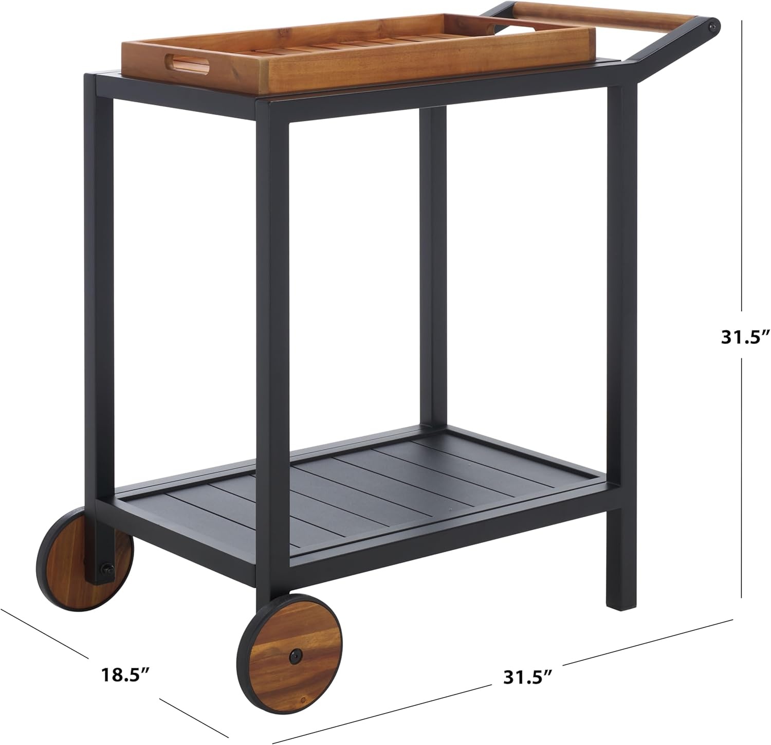 image:imageSAFAVIEH Outdoor Couture Patio Furniture Tonga Black Aluminum amp Natural Brown Solid Wood Removable Tray Top Bar CartBlackNatural