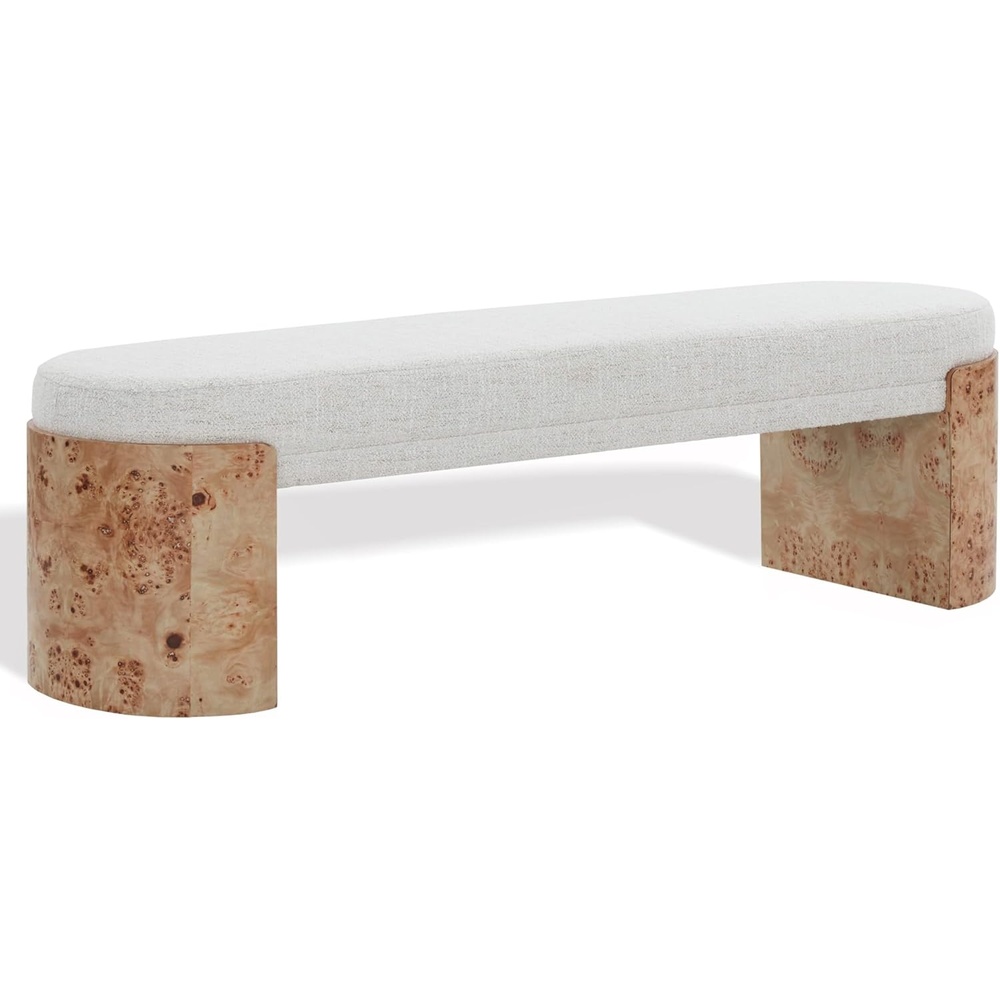 image:imageSAFAVIEH Couture Collection Nessabella Bench with White Upholstered Seat and Sculptural Burl Wood Legs SFV5150ABurlWhite