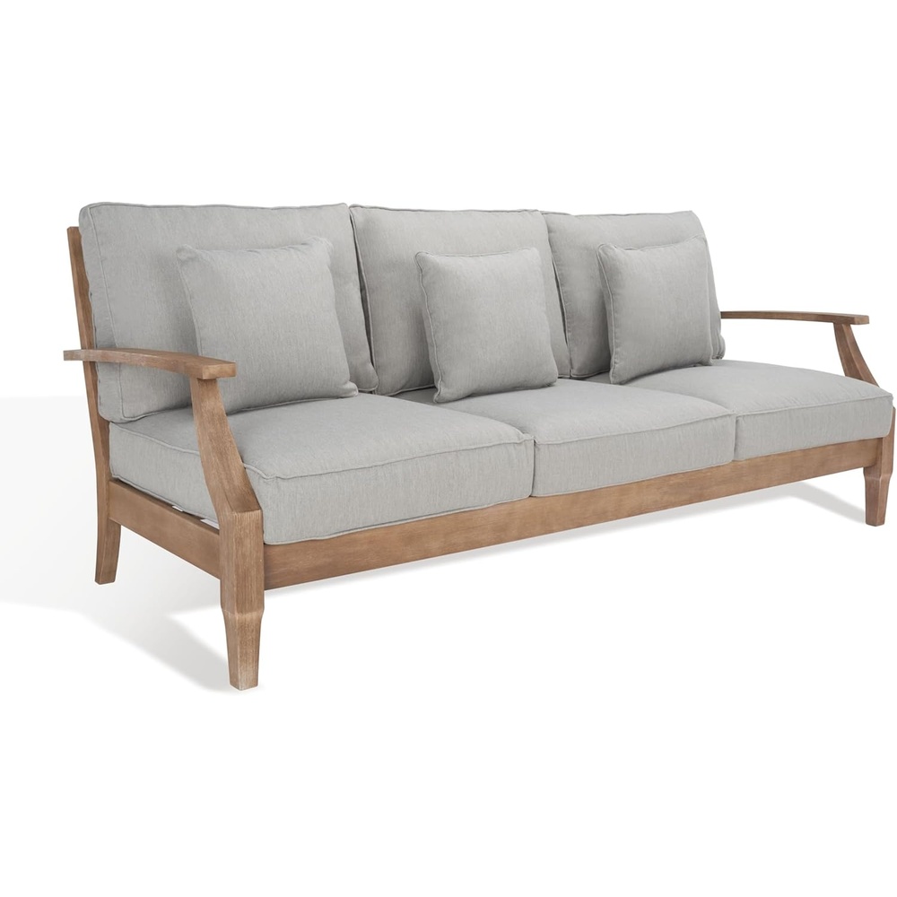 image:imageSAFAVIEH Couture Outdoor Martinique 3Seat Sofa Natural amp Navy Teak Wood Slatted Coastal Design Ideal for Patio Deck Porch Backyard 183 Seat Height CPT1013JNaturalGrey