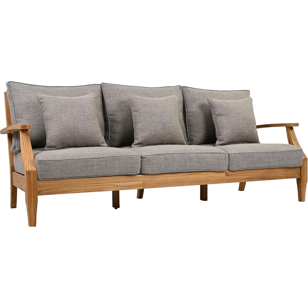 image:imageSAFAVIEH Couture Outdoor  Martinique 3Seat Sofa  Natural amp Navy  Teak Wood  Slatted Coastal Design  Ideal for Patio Deck Porch Backyard 183 Seat Height CPT1013JNatural TeakTaupe