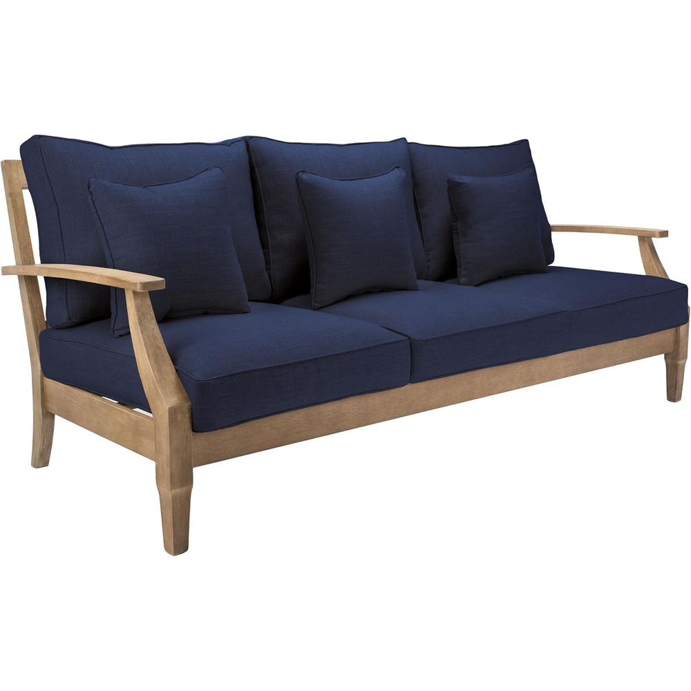 image:imageSAFAVIEH Couture Outdoor Martinique 3Seat Sofa Natural amp Navy Teak Wood Slatted Coastal Design Ideal for Patio Deck Porch Backyard 183 Seat Height CPT1013JNaturalNavy