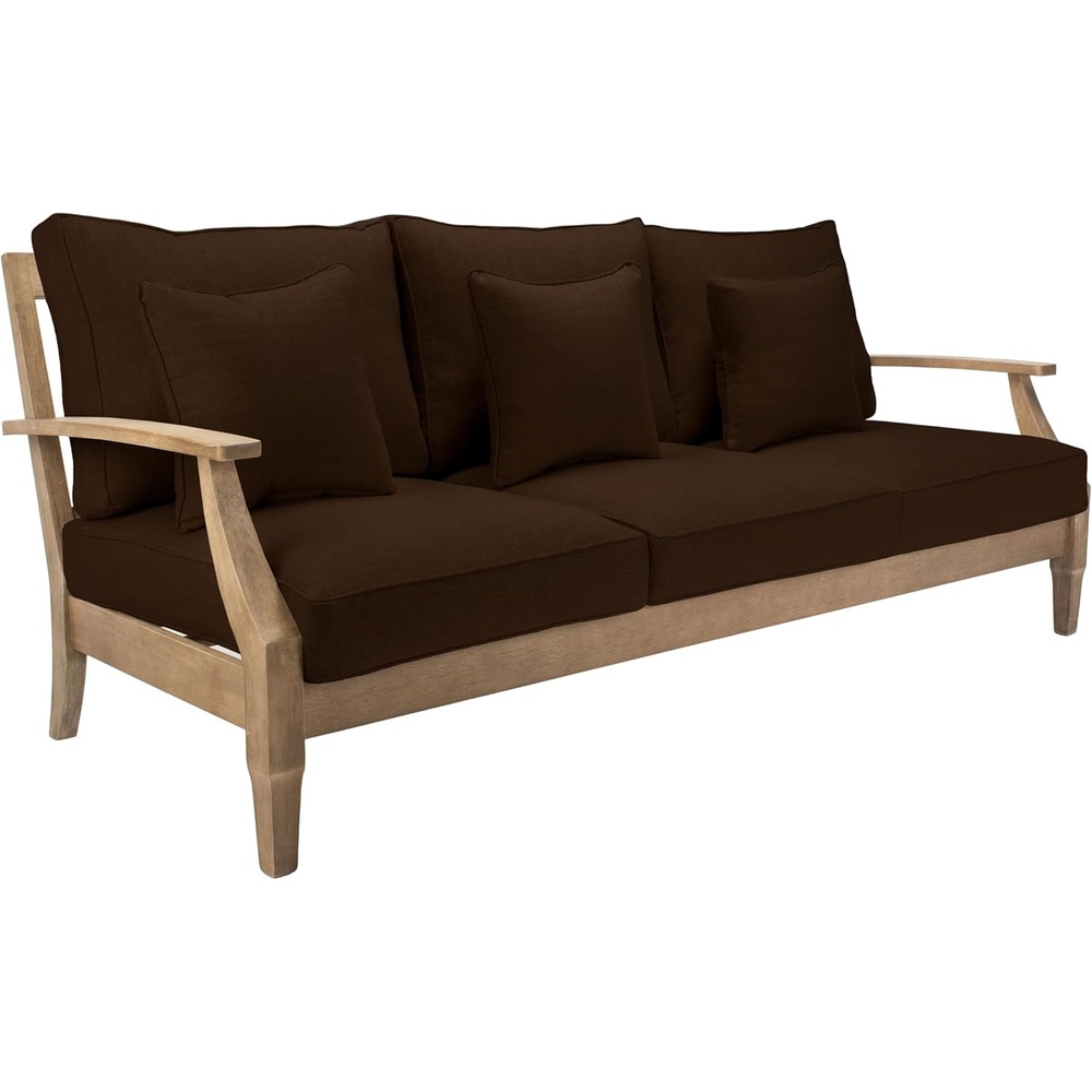 image:imageSAFAVIEH Couture Outdoor Martinique 3Seat Sofa Natural amp Navy Teak Wood Slatted Coastal Design Ideal for Patio Deck Porch Backyard 183 Seat Height CPT1013JNaturalDark Brown