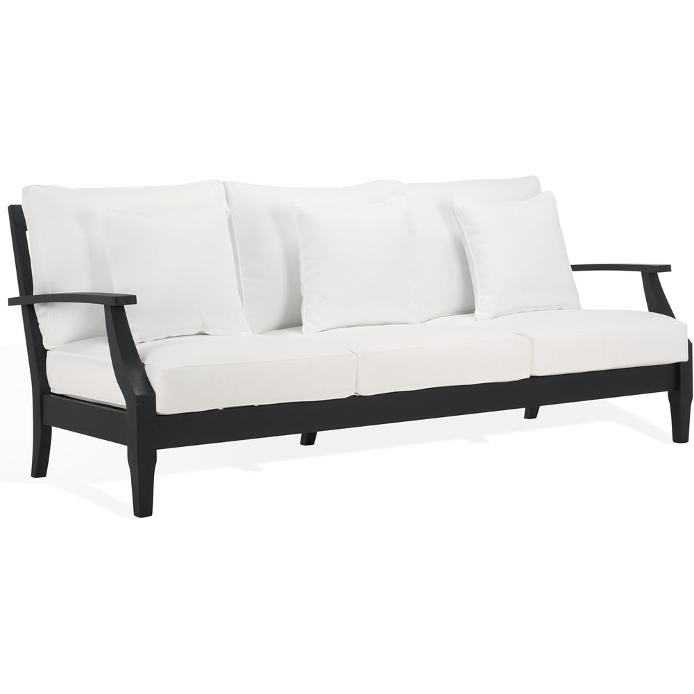 image:imageSAFAVIEH Couture Outdoor Martinique 3Seat Sofa Natural amp Navy Teak Wood Slatted Coastal Design Ideal for Patio Deck Porch Backyard 183 Seat Height CPT1013JBlack