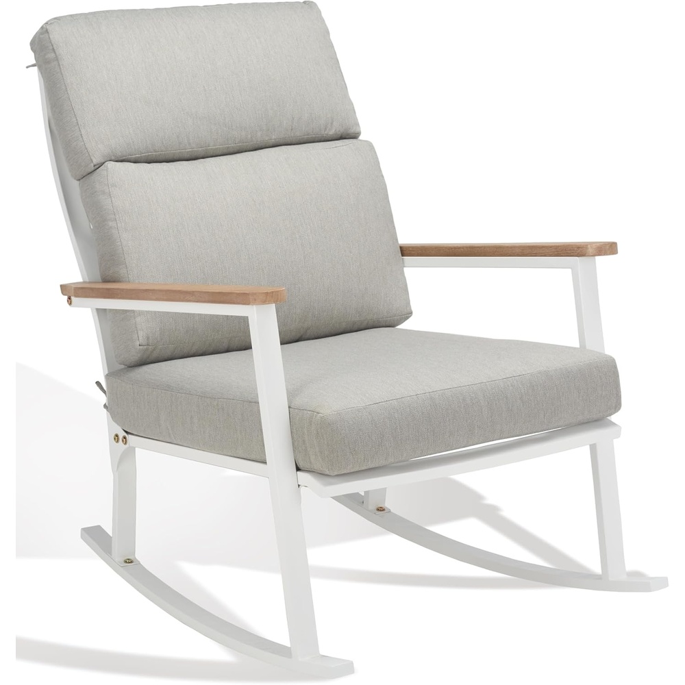 image:imageSAFAVIEH Couture Outdoor Collection Brutus WhiteNaturalLight Grey Linen Cushion Solid Wood Rocking Chair