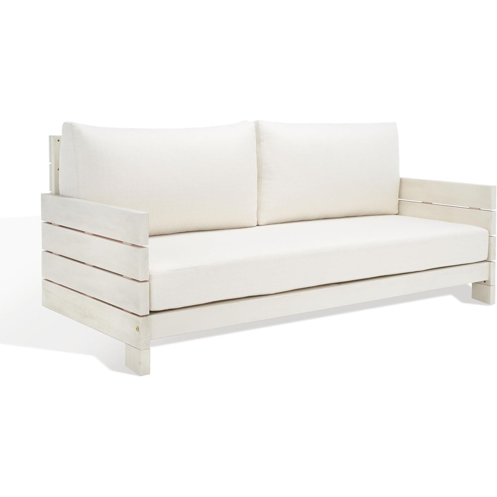 image:imageSAFAVIEH Couture Outdoor Collection Chrissie WhitewashWhite Linen Solid Wood Patio Sofa
