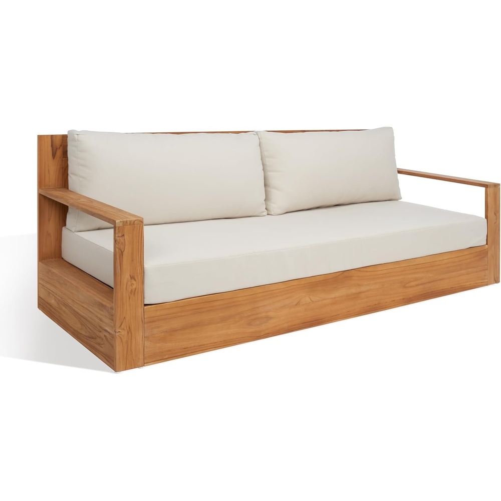 image:imageSAFAVIEH Couture Outdoor Collection Kauai NaturalBeige Teak Solid Wood Patio SofaNaturalBeige