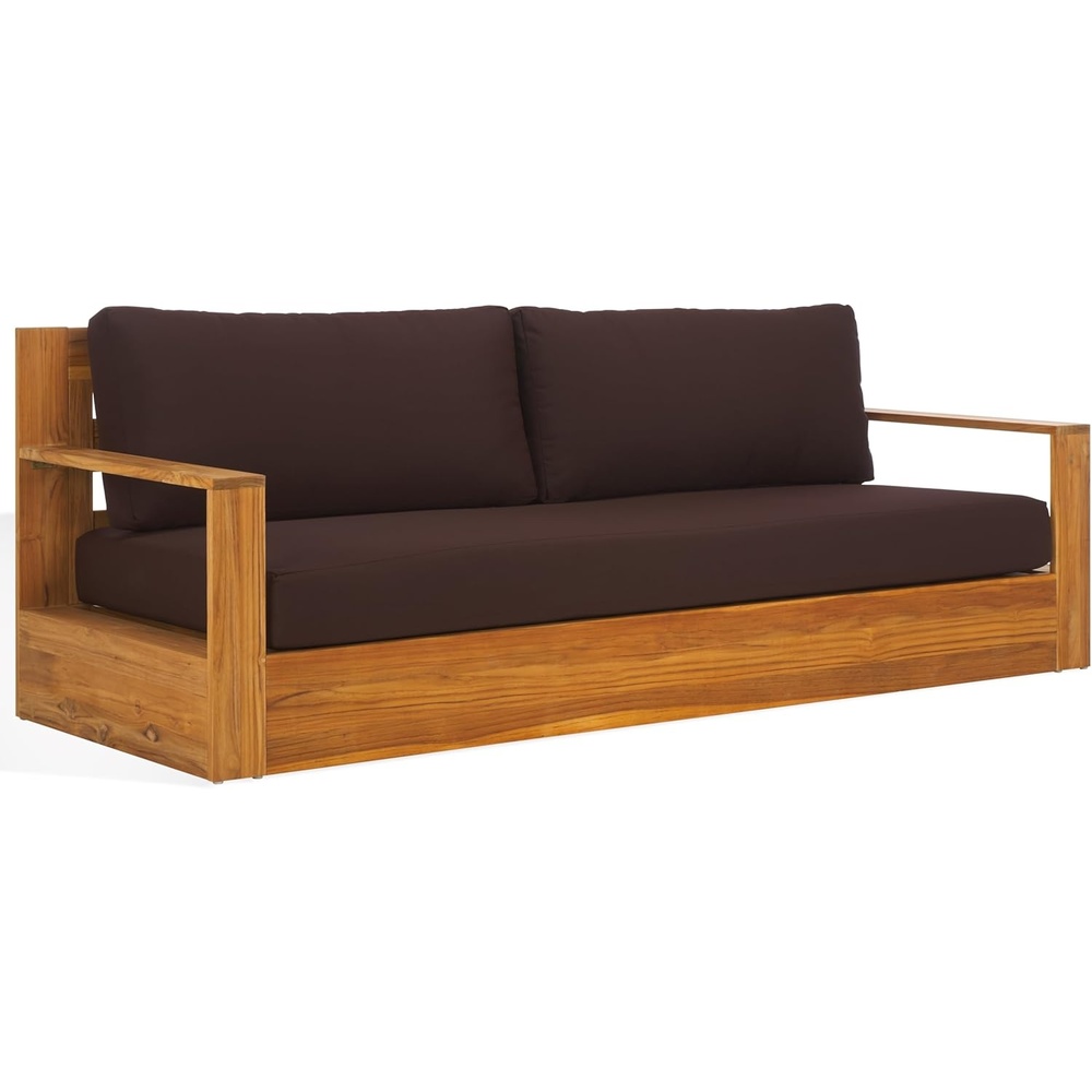 image:imageSAFAVIEH Couture Outdoor Collection Kauai NaturalBeige Teak Solid Wood Patio SofaNaturalDark Brown