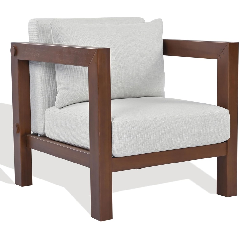 image:imageSAFAVIEH Couture Outdoor Patio Furniture Collection Cruise Walnut Eucalyptus Wood Patio Chair Outdoor Lounge Chair with White Cushions Modern Patio Seating CPT1076AWalnutWhite