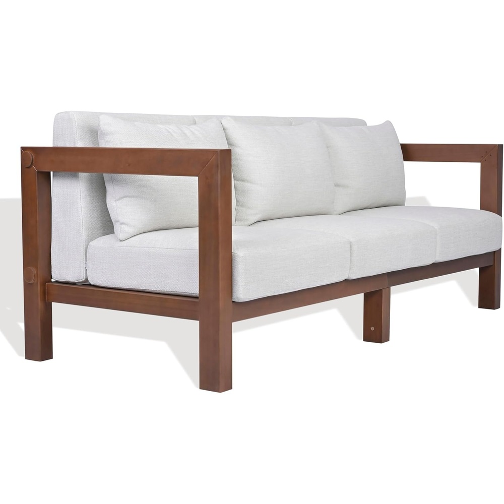 image:imageSAFAVIEH Couture Outdoor Patio Furniture Collection  Cruise Walnut Eucalyptus Wood Patio Sofa Outdoor Sofa with White Cushions Modern Patio Seating CPT1077AWalnutWhite