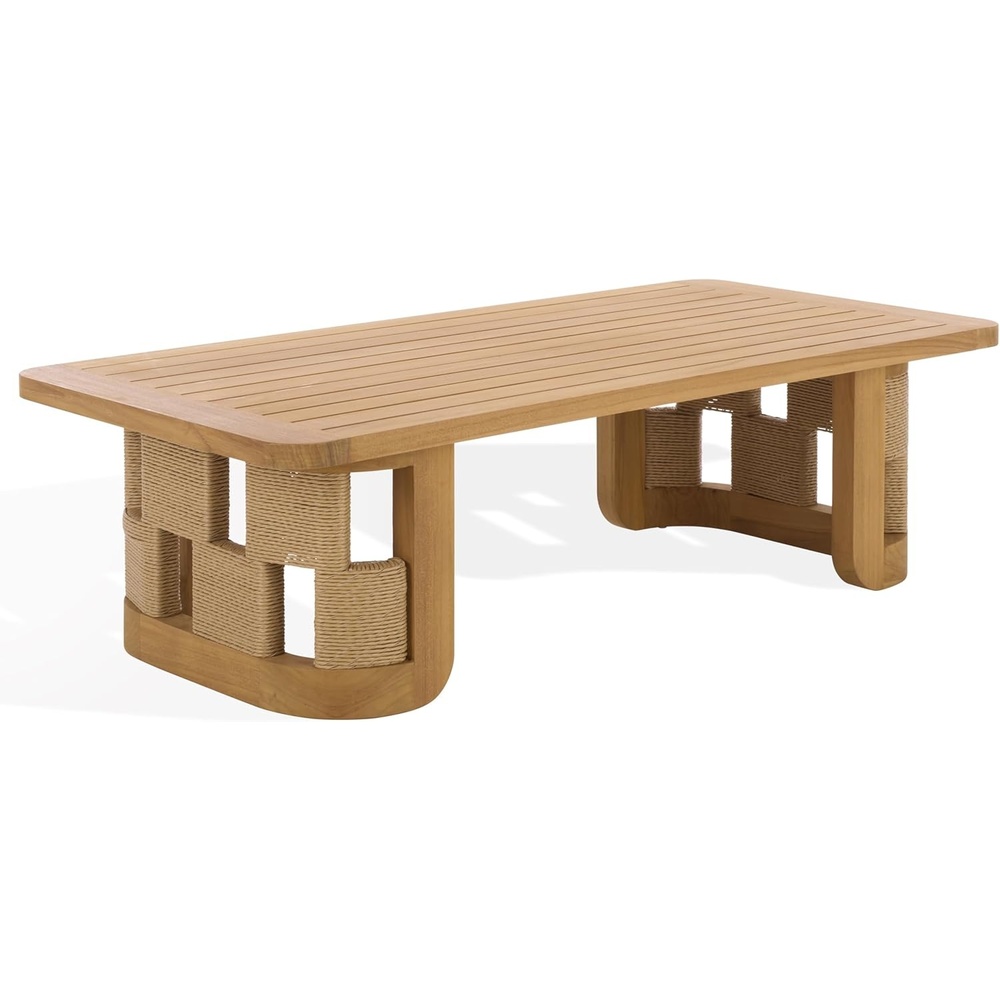 image:imageSAFAVIEH Couture Outdoor Patio Furniture Collection Skipper Teak Solid Wood Slatted Rectangular Coffee Table Modern WovenDetail Base Design CPT2009Natural