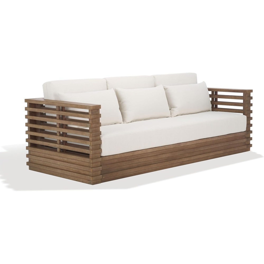 image:imageSAFAVIEH Couture Outdoor Patio Furniture Collection Tortuga Natural Eucalyptus Patio Sofa with White Cushions Modern Seating CPT1048ANaturalWhite
