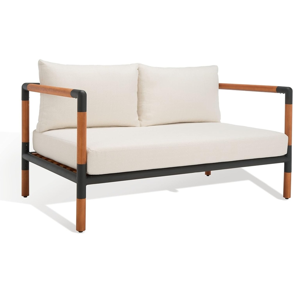 image:imageSAFAVIEH Outdoor Couture Collection Tommy Tropical Black MetalNatural Solid Wood Patio Sofa CPT1030A