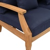 SAFAVIEH Couture Outdoor – Martinique 3-Seat Sofa – Natural & Navy – Teak Wood – Slatted Coastal Design – Ideal for Patio, Deck, Porch, Backyard, 18.3″ Seat Height (CPT1013J)(Natural Teak/Navy)