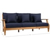 SAFAVIEH Couture Outdoor – Martinique 3-Seat Sofa – Natural & Navy – Teak Wood – Slatted Coastal Design – Ideal for Patio, Deck, Porch, Backyard, 18.3″ Seat Height (CPT1013J)(Natural Teak/Navy)