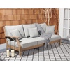 SAFAVIEH Couture Outdoor – Martinique 3-Seat Sofa – Natural & Navy – Teak Wood – Slatted Coastal Design – Ideal for Patio, Deck, Porch, Backyard, 18.3″ Seat Height (CPT1013J)(Natural/Grey)
