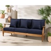 SAFAVIEH Couture Outdoor – Martinique 3-Seat Sofa – Natural & Navy – Teak Wood – Slatted Coastal Design – Ideal for Patio, Deck, Porch, Backyard, 18.3″ Seat Height (CPT1013J)(Natural Teak/Navy)