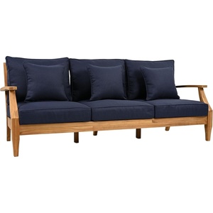 SAFAVIEH Couture Outdoor – Martinique 3-Seat Sofa – Natural & Navy – Teak Wood – Slatted Coastal Design – Ideal for Patio, Deck, Porch, Backyard, 18.3″ Seat Height (CPT1013J)(Natural Teak/Navy)