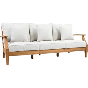 SAFAVIEH Couture Outdoor – Martinique 3-Seat Sofa – Natural & Navy – Teak Wood – Slatted Coastal Design – Ideal for Patio, Deck, Porch, Backyard, 18.3″ Seat Height (CPT1013J)(White/Natural Teak)