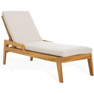 SAFAVIEH Couture Outdoor Collection Caledonia Natural/White Cushion Solid Teak Wood Chaise Lounge Chair