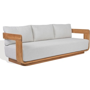SAFAVIEH Couture Outdoor Patio Furniture Collection – Leilani Natural Teak Patio Sofa, Outdoor Sofa with White Cushions (CPT1082A)(White/Natural Teak)