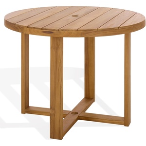 SAFAVIEH Couture Outdoor Patio Furniture Collection – Mayaguana Teak Solid Wood Round Dining Table, Slatted Top with Umbrella Hole, Modern Outdoor Design (CPT1061)(Natural)