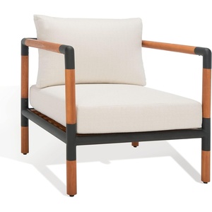 SAFAVIEH Outdoor Couture Collection Tommy Tropical Black Metal/Natural Solid Wood/White Cushion Patio Chair (CPT1028A)