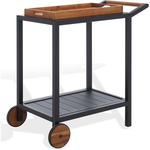 SAFAVIEH Outdoor Couture Patio Furniture Tonga Black Aluminum & Natural Brown Solid Wood Removable Tray Top Bar Cart(Black/Natural)