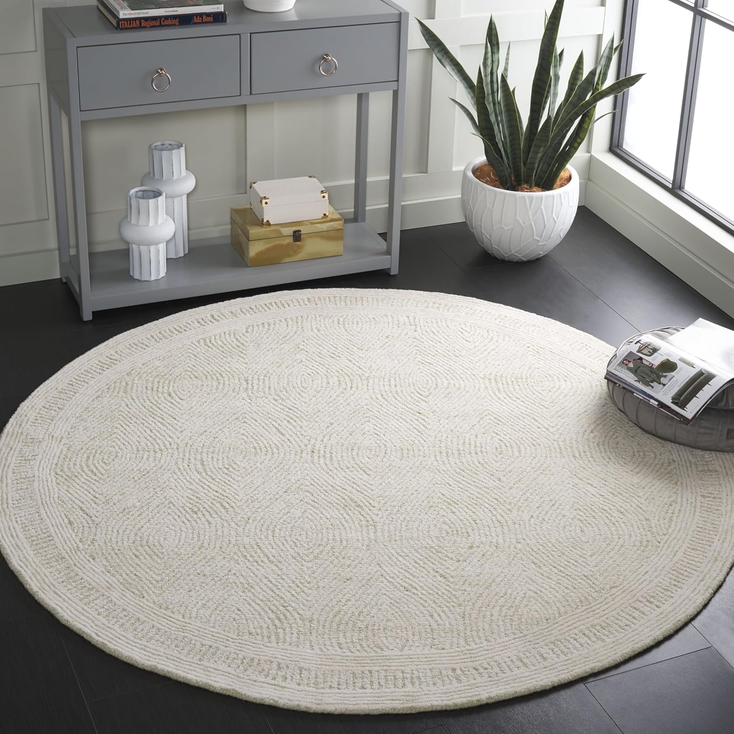 image:imageSAFAVIEH Abstract Collection Area Rug 10 Square Ivory amp Charcoal Handmade Wool Ideal for High Traffic Areas in Living Room Bedroom ABT340HGreenIvory