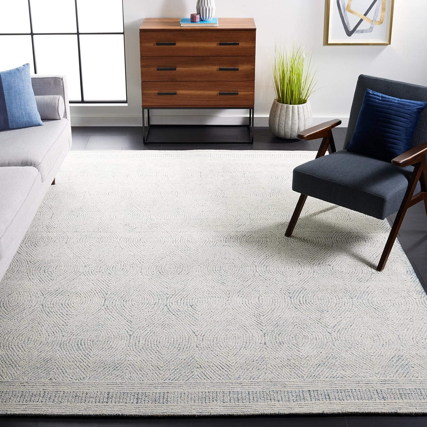image:imageSAFAVIEH Abstract Collection Area Rug 10 Square Ivory amp Charcoal Handmade Wool Ideal for High Traffic Areas in Living Room Bedroom ABT340HIvoryBlue