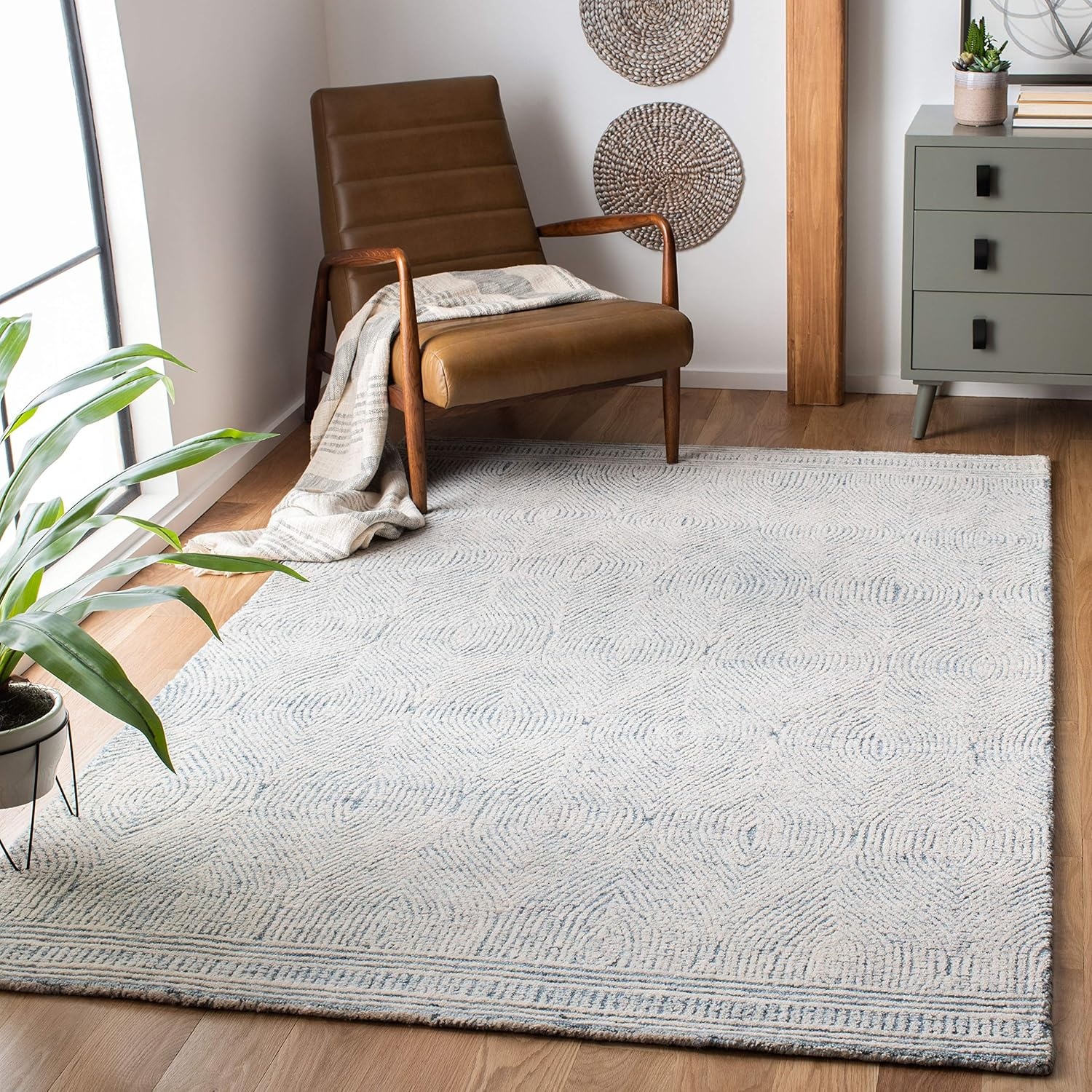 image:imageSAFAVIEH Abstract Collection Area Rug 10 Square Ivory amp Charcoal Handmade Wool Ideal for High Traffic Areas in Living Room Bedroom ABT340HIvoryBlue