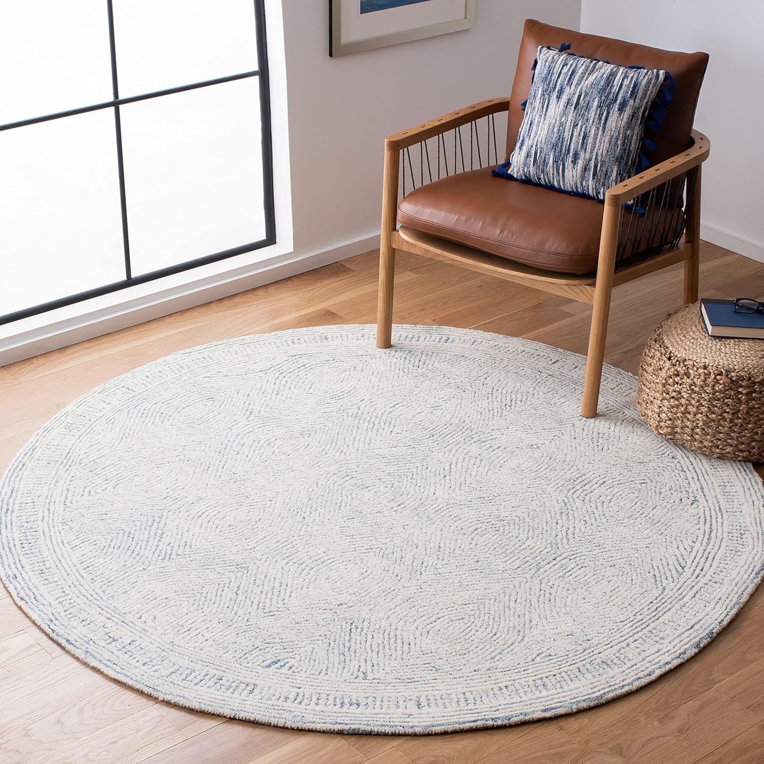 image:imageSAFAVIEH Abstract Collection Area Rug 10 Square Ivory amp Charcoal Handmade Wool Ideal for High Traffic Areas in Living Room Bedroom ABT340HIvoryBlue