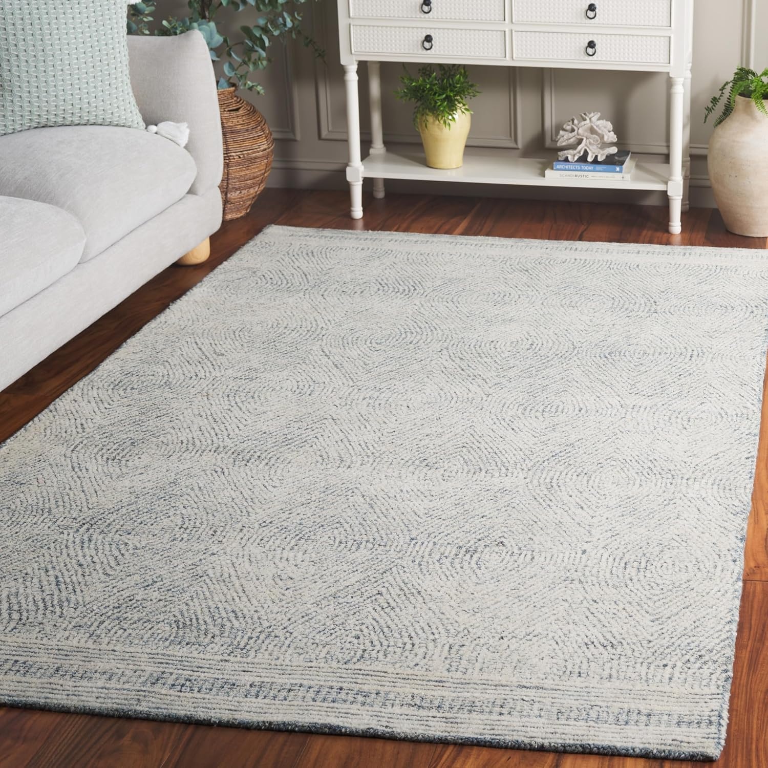 image:imageSAFAVIEH Abstract Collection Area Rug 10 Square Ivory amp Charcoal Handmade Wool Ideal for High Traffic Areas in Living Room Bedroom ABT340HIvoryBlue
