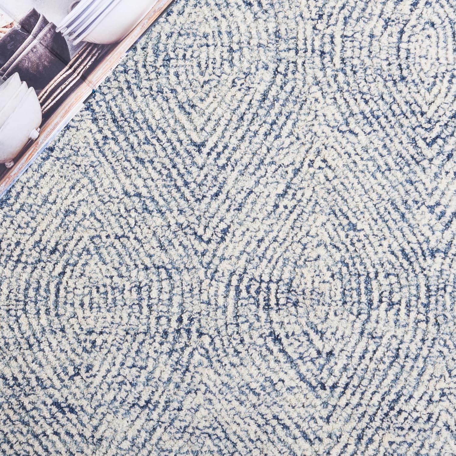 image:imageSAFAVIEH Abstract Collection Area Rug 10 Square Ivory amp Charcoal Handmade Wool Ideal for High Traffic Areas in Living Room Bedroom ABT340HIvoryNavy