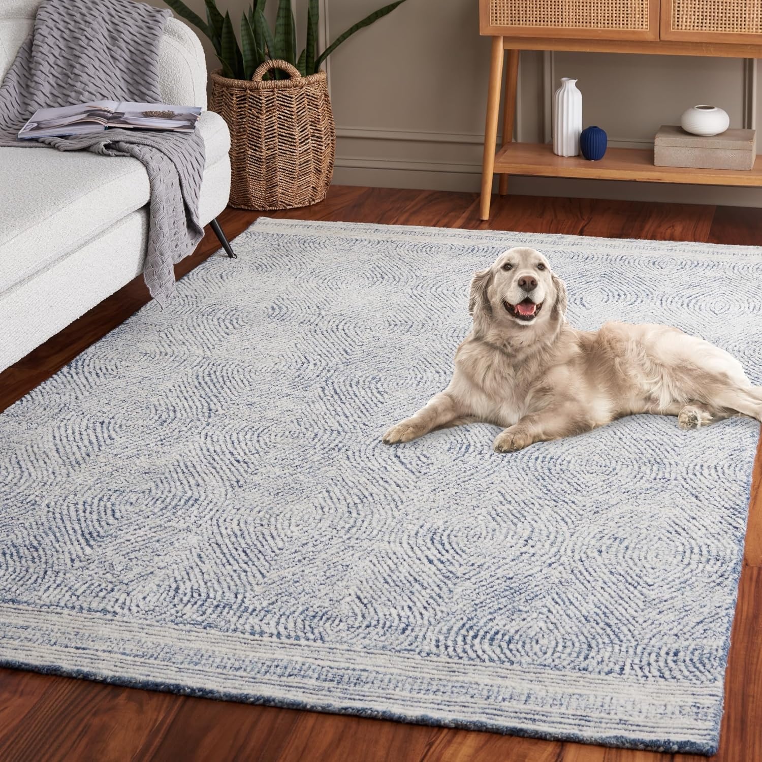 image:imageSAFAVIEH Abstract Collection Area Rug 10 Square Ivory amp Charcoal Handmade Wool Ideal for High Traffic Areas in Living Room Bedroom ABT340HIvoryNavy