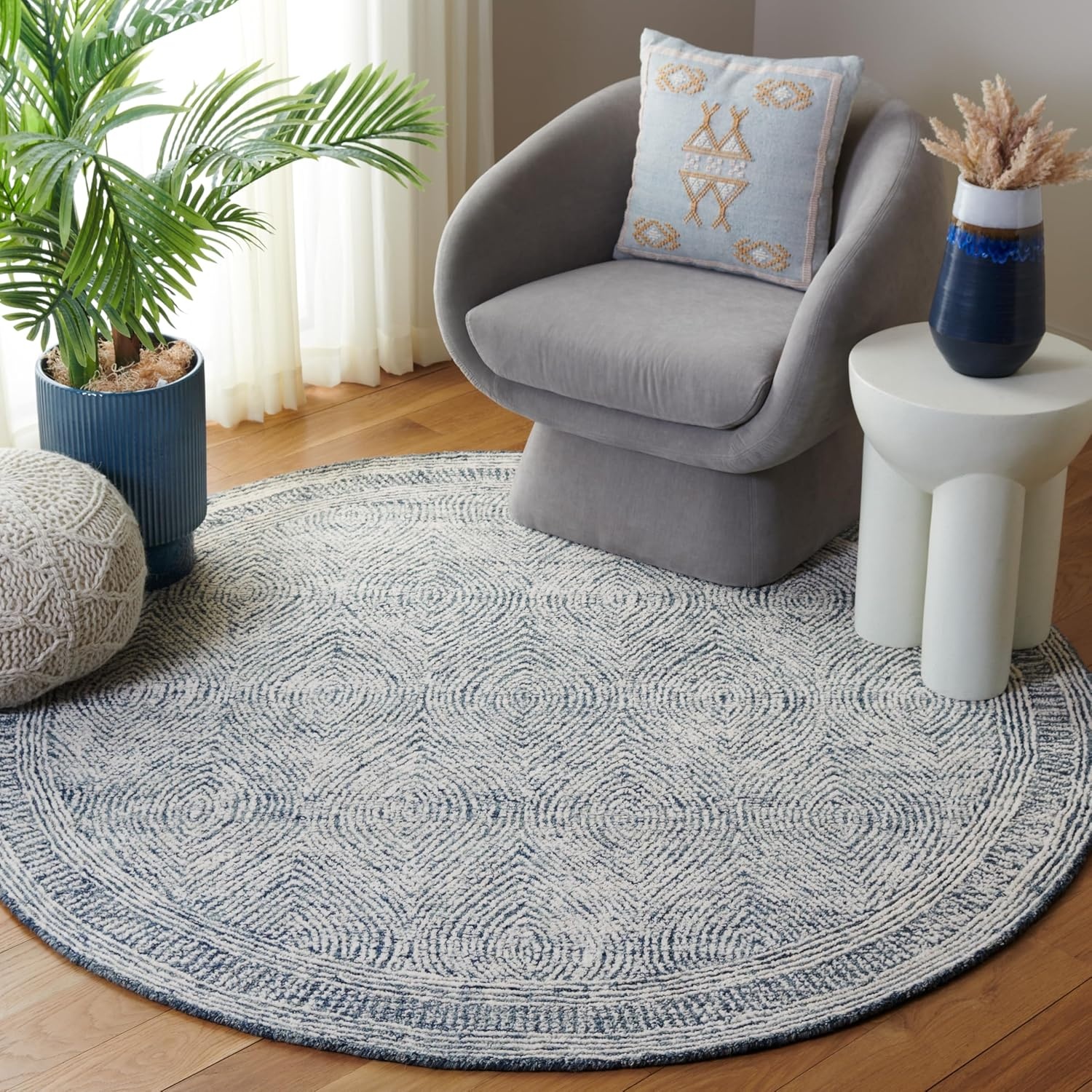 image:imageSAFAVIEH Abstract Collection Area Rug 10 Square Ivory amp Charcoal Handmade Wool Ideal for High Traffic Areas in Living Room Bedroom ABT340HIvoryNavy