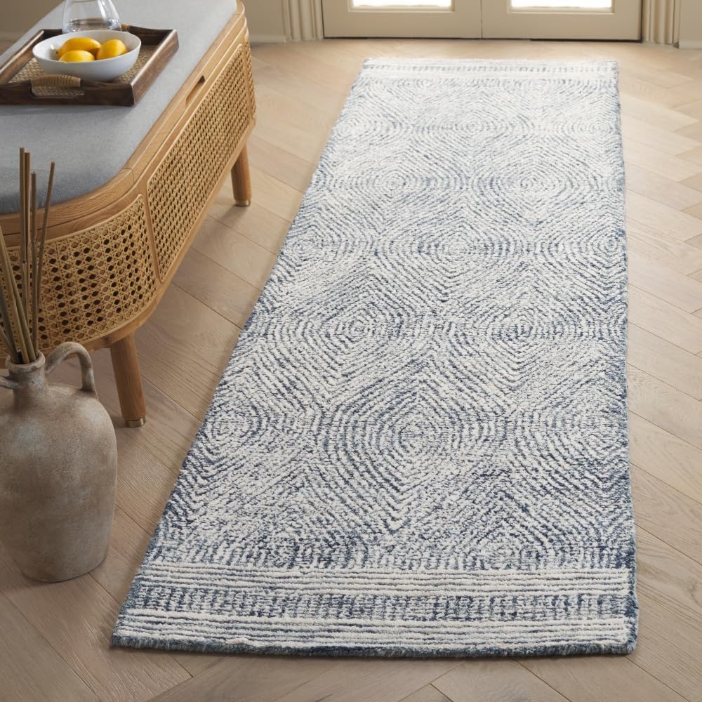 image:imageSAFAVIEH Abstract Collection Area Rug 10 Square Ivory amp Charcoal Handmade Wool Ideal for High Traffic Areas in Living Room Bedroom ABT340HIvoryNavy
