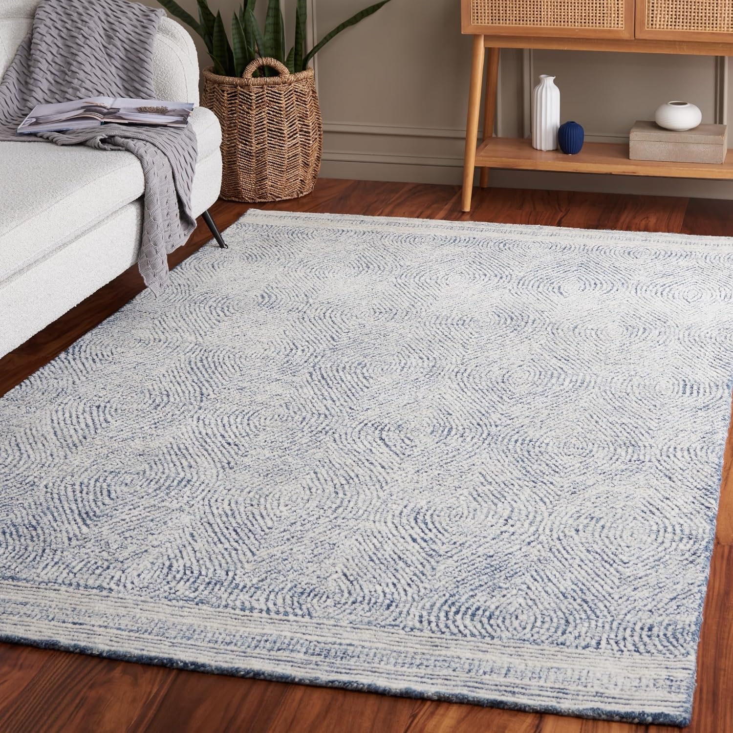 image:imageSAFAVIEH Abstract Collection Area Rug 10 Square Ivory amp Charcoal Handmade Wool Ideal for High Traffic Areas in Living Room Bedroom ABT340HIvoryNavy